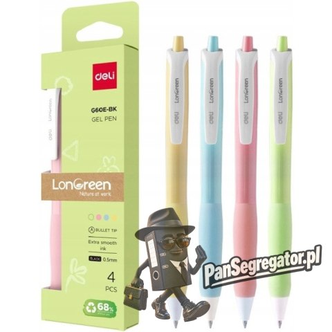 Długopis żelowy LonGreen , czarny wkład 4szt/op. mix kolorów EG60E-BK DELI