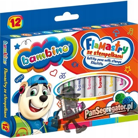Flamastry dla dzieci ze stempelkami Zestaw 12 kolorów Pisaki Mazaki BAMBINO St.Majewski