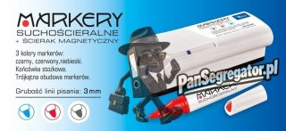 Markery suchościeralne, komplet 3sztuki ( czarny,niebieski,czerowny) + gąbka magnetyczna