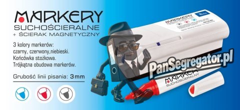 Markery suchościeralne, komplet 3sztuki ( czarny,niebieski,czerowny) + gąbka magnetyczna