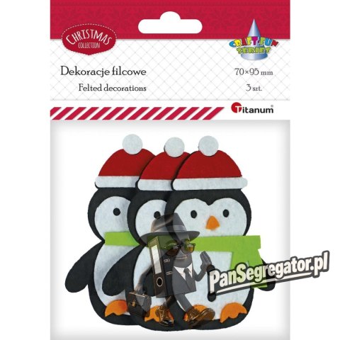 Dekoracje filcowe pingwiny 3D w czapkach Mikołaja 70x95mm 3szt. 486026 TITANUM