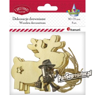 Drewniane zawieszki renifery 80x85mm + sznurek jutowy 8szt. 487305 TITANUM