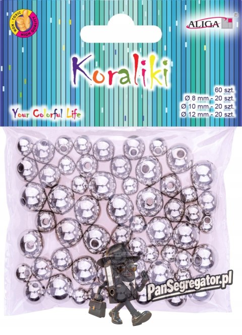 Koraliki plastikowe mix rozmiarów (60 sztuk) srebrne PJ-9470 ALIGA