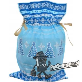 Worek upominkowy materiałowy jasno niebieski CHOINKA + PŁATKI ŚNIEGU 30x45cm PaKaDo