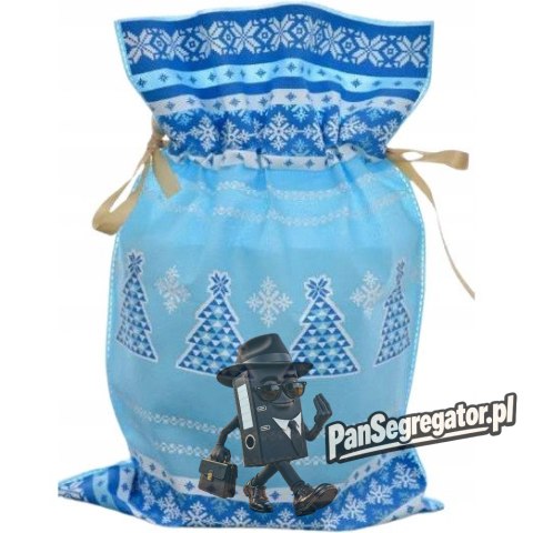 Worek upominkowy materiałowy jasno niebieski CHOINKA + PŁATKI ŚNIEGU 30x45cm PaKaDo