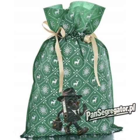 Worek upominkowy materiałowy zielony RENIFERY + PŁATKI ŚNIEGU 20x30cm PaKaDo