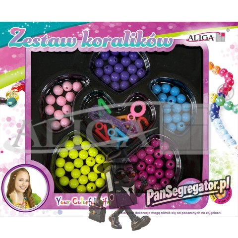 Zestaw koralików plastikowych mix kolorów i kształtów op. ok. 80szt.+żyłka 120cm. PJ-1992 ALIGA