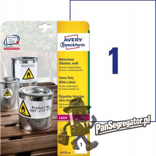 Etykiety Heavy Duty (20ark)210x297mm białe poliestrowe L4775-20 trwałe AVERY ZWECKFORM