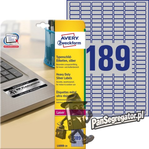 Etykiety Heavy Duty 25.4x10mm srebrne poliestrowe L6008-20szt AVERY ZWECKFORM