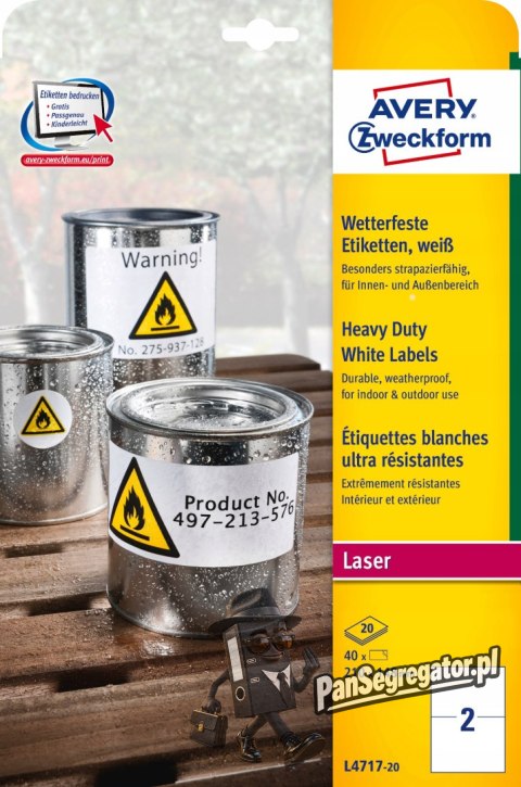 Etykieta A4 foliowa(20 arkuszy)210x148mm trwała 75g L4717-20 AVERY ZWECKFORM