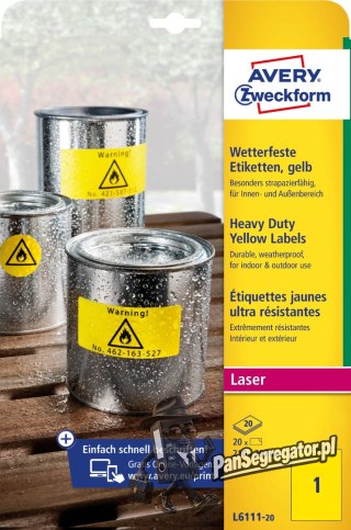 Etykieta ZF 210x297mm L6111-20 żółte poliester (20) AVERY ZWECKFORM