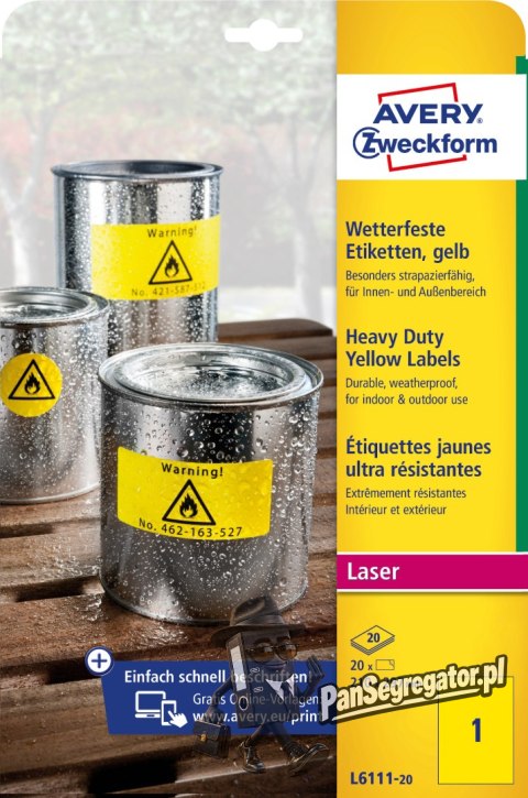 Etykieta ZF 210x297mm L6111-20 żółte poliester (20) AVERY ZWECKFORM