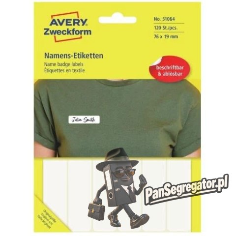 Etykieta identyfikatory imienne 76x19mm(10 arkuszy = 120etykiet) Sztuczny jedwab 51064 AVERY ZWECKFORM