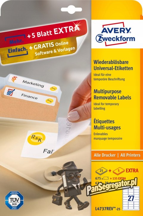 Etykiety A4 białe (25 arkuszy) 63,5*29,6mm L4737REV-25 AVERY ZWECKFORM