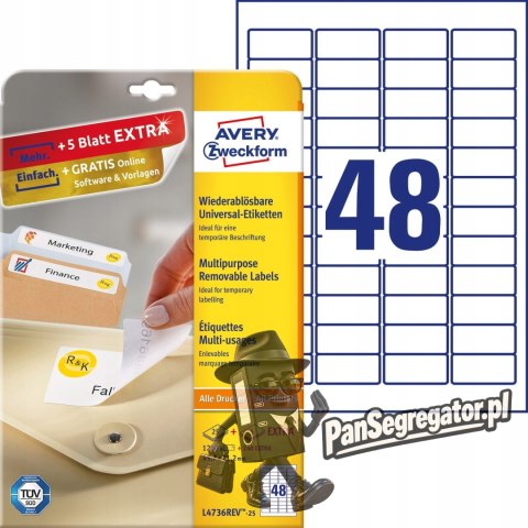 Etykiety A4 białe (25arkuszy)45.7x21.2mm L4736REV-25 AVERY ZWECKFORM