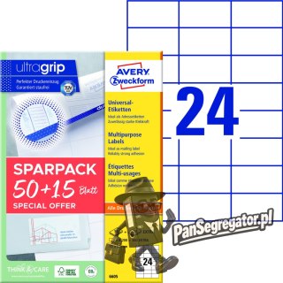Etykiety A4 białe (50+15 arkuszy) 70x37mm 6605 ULTRA GRIP AVERY ZWECKFORM
