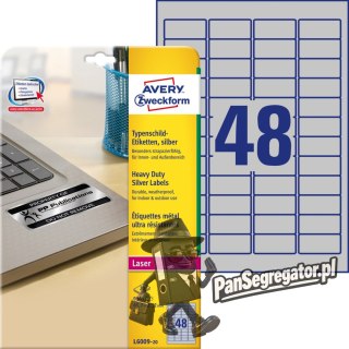 Etykiety Heavy Duty (20ark) 45.7x21.2mm srebrne poliestrowe L6009-20 AVERY ZWECKFORM