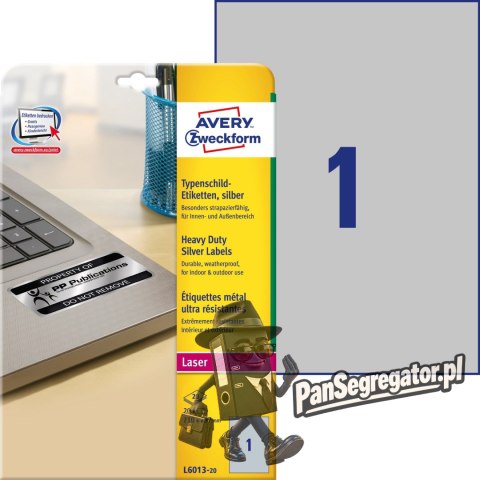 Etykiety Heavy Duty 210x297mm srebrne poliestrowe L6013-20szt AVERY ZWECKFORM