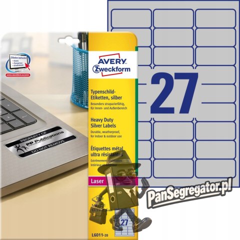 Etykiety Heavy Duty 63.5x29.6mm srebrne poliestrowe L6011-20szt AVERY ZWECKFORM