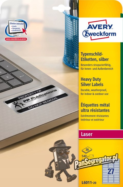 Etykiety Heavy Duty 63.5x29.6mm srebrne poliestrowe L6011-20szt AVERY ZWECKFORM