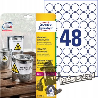 Etykiety Heavy Duty białe średnica Q30mm L4716-20szt AVERY ZWECKFORM