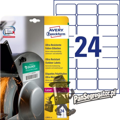 Etykiety foliowe A4 białe (10 arkuszy) 63,5x33,9mm L7912-10 do użytku zewnętrznego AVERY ZWECKFORM