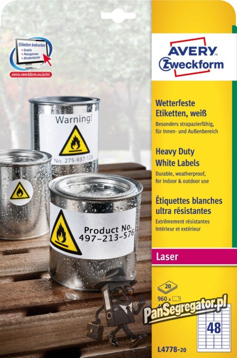 Etykiety poliester 45,7x21,2mm (20 arkuszy = 960 etykiet) L4778-20 AVERY ZWECKFORM