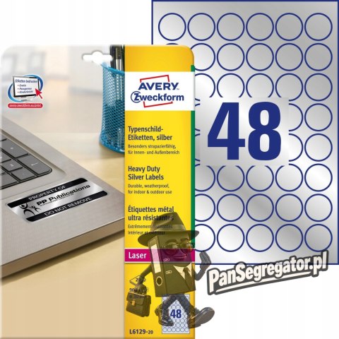 Etykiety znamionowe srebrne średnica Q 30mm L6129-20szt AVERY ZWECKFORM