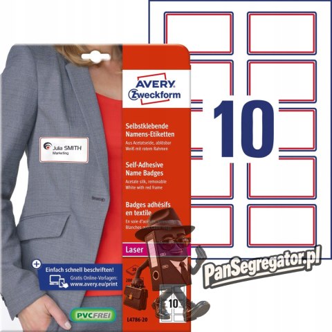 Identyfikator do zadruku samoprzylepny 80x50mm biały ramka czerwona L4786-20 AVERY ZWECKFORM