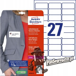 Identyfikator do zadruku samoprzylepny L4784-20 635x296mm biały sztucz.jedwab AVERY ZWECKFORM