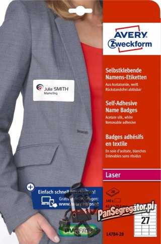 Identyfikator do zadruku samoprzylepny L4784-20 635x296mm biały sztucz.jedwab AVERY ZWECKFORM
