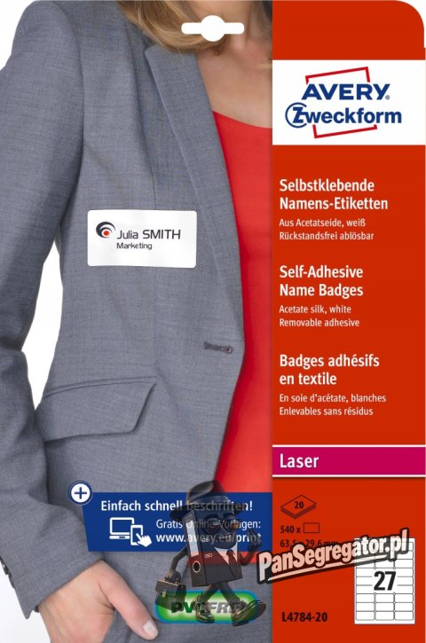 Identyfikator do zadruku samoprzylepny L4784-20 635x296mm biały sztucz.jedwab AVERY ZWECKFORM