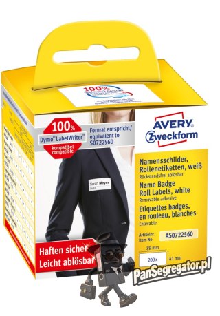 Identyfikatory imienne w rolce 200 etyk. 41 x 89 mm, usuwalne, białe AS0722560 Avery Zweckform