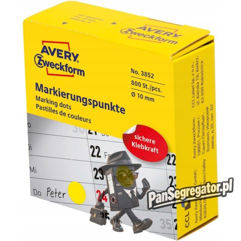 Kółka w dyspenserze trwałe 800szt. 10mm żółte 3852 AVERY ZWECKFORM