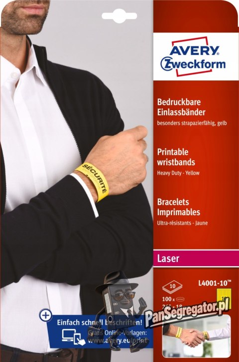 Opaski identyfikacyjne na nadgarstek 265x18mm A4 (10) L4001-10 żółte do nadruku AVERY ZWECKFORM