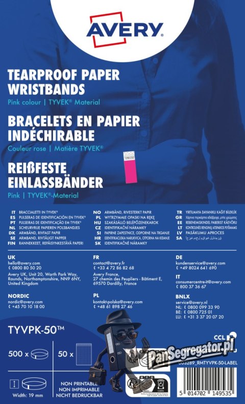 Opaski na rękę 256x19mm (50 arkuszy = 500 opasek) neonowe różowe TYVPK-50 AVERY