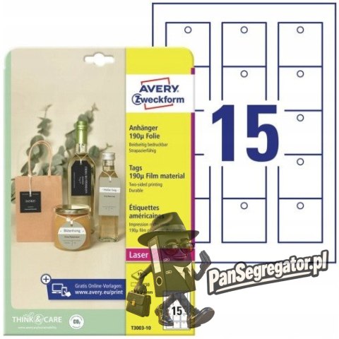Zawieszki foliowe (10 arkuszy) 50x50mm Quick&Clean T3003-10 AVERY ZWECKFORM