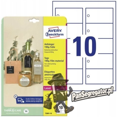 Zawieszki foliowe (10 arkuszy) 90x50mm Quick&Clean T3001-10 AVERY ZWECKFORM
