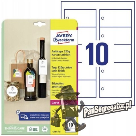 Zawieszki kartonowe (10 arkuszy) 90x50mm prostokątne Quick&Clean T2001-10 AVERY ZWECKFORM