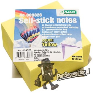 Bloczek samoprzylepny 75x75mm 400k żółty D.RECT 009326 LEVIATAN