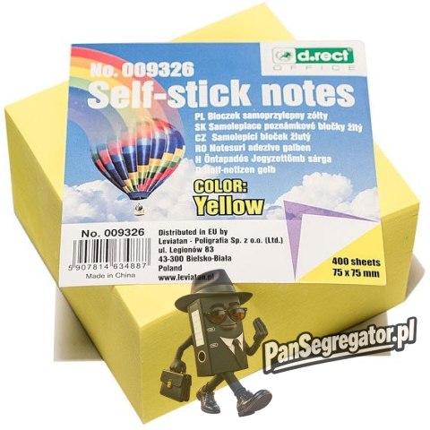 Bloczek samoprzylepny 75x75mm 400k żółty D.RECT 009326 LEVIATAN