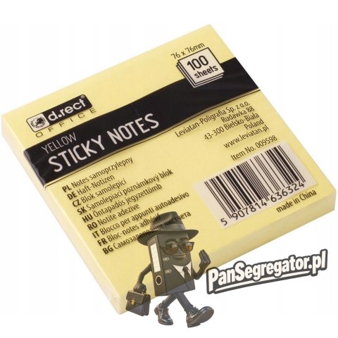 Bloczek samoprzylepny 76x76mm 100k żółty D.RECT (009598)