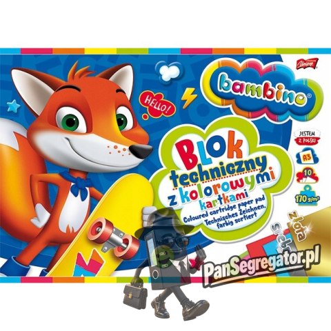 Blok techniczny szkolny A3 kolorowy + złota i srebrna kartka 10 kartek 170g BAMBINO