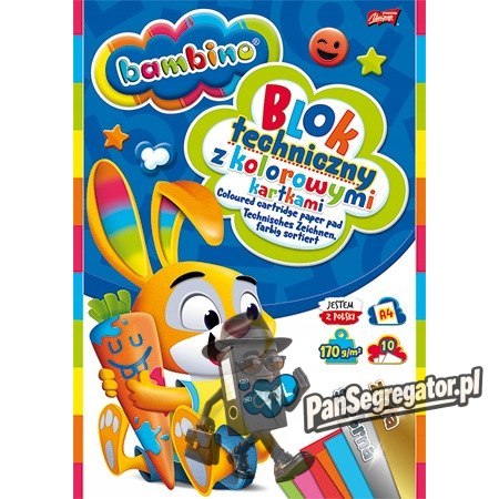 Blok techniczny szkolny A4 kolorowy + złota i srebrna kratka 10 kartek 170g BAMBINO