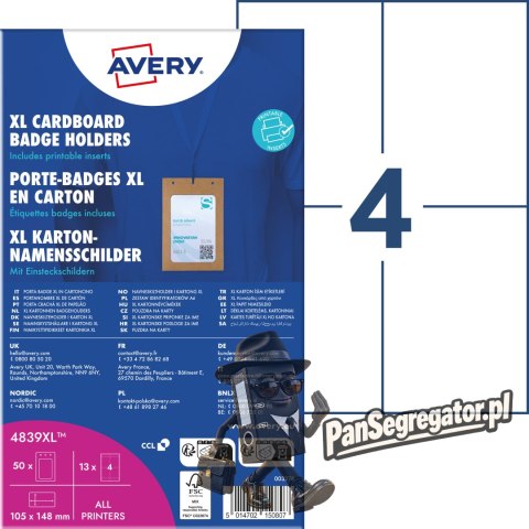 Holder na identyfikatory A6 tekturowe 105x148mm (50 sztuk+52 wkłady) 4839XL AVERY