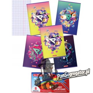 Zestaw Zeszyt A5 60k kratka 70g EKIPA (5 sztuk) + Farby plakatowe 8 kolorów HERLITZ