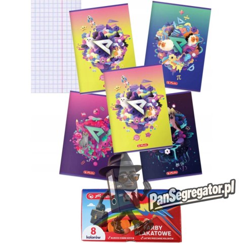 Zestaw Zeszyt A5 60k kratka 70g EKIPA (5 sztuk) + Farby plakatowe 8 kolorów HERLITZ
