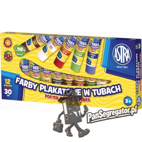 Farby plakatowe w tubkach szkolne 12 kolorów 30ml 83110901 ASTRA