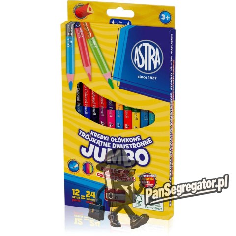 Kredki dwustronne ołówkowe JUMBO grube 12 kredek 24 kolory + temperówka 312118001 ASTRA