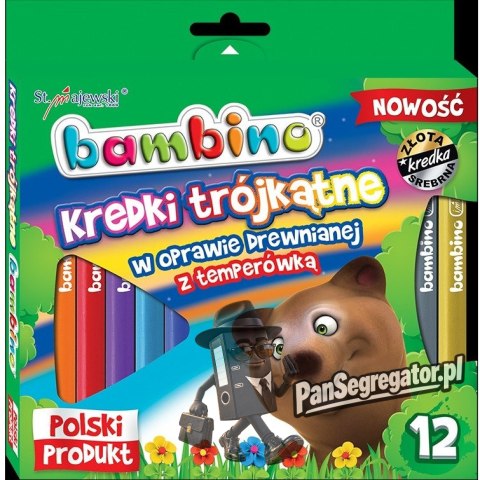 Kredki trójkątne z glinki kaolinowej Zestaw 12 kredek + temperówka BAMBINO St.Majewski